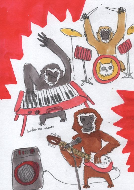 painting of three gibbon monkeys one playing the guitar and singing, one playing the keyboard and the last on the drums with a skull on the kick drum