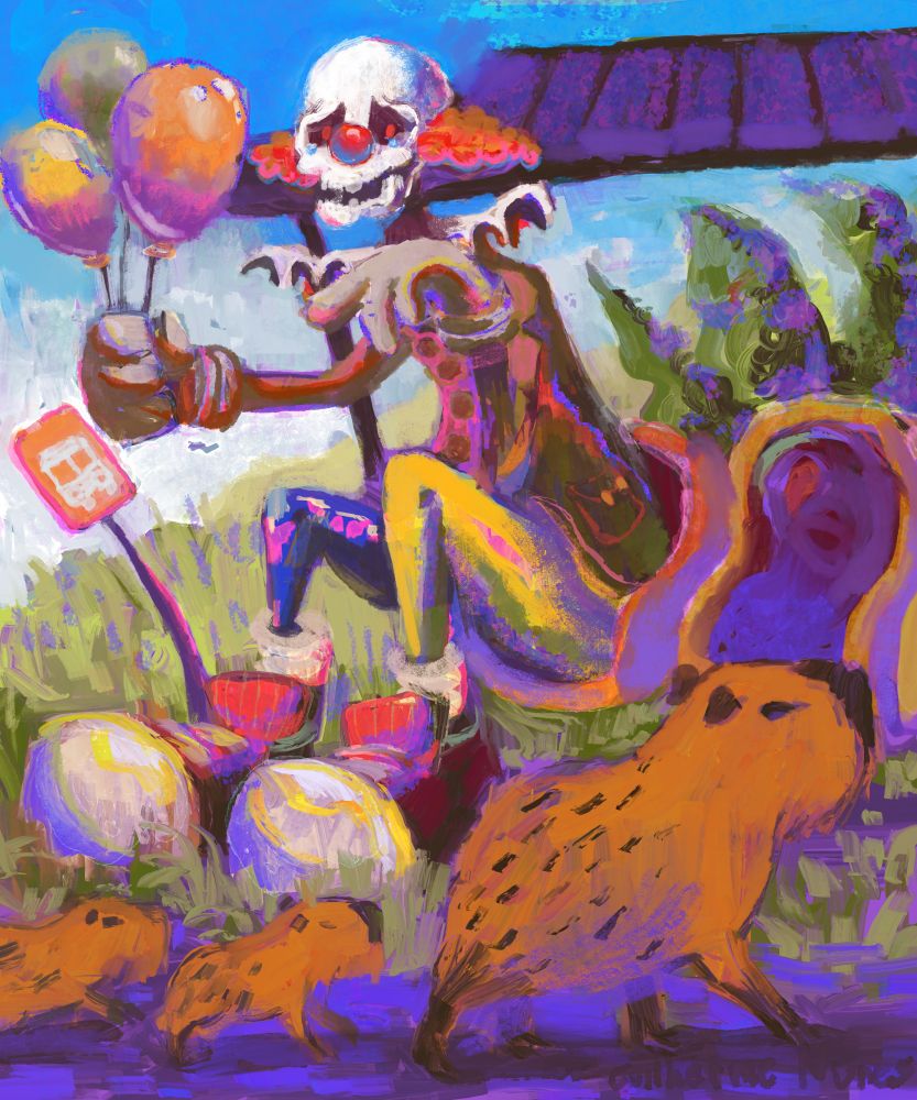 painting of a giant skeleton clown holding balloons, sitting on a bus stop bench, excited to see a family of capybaras