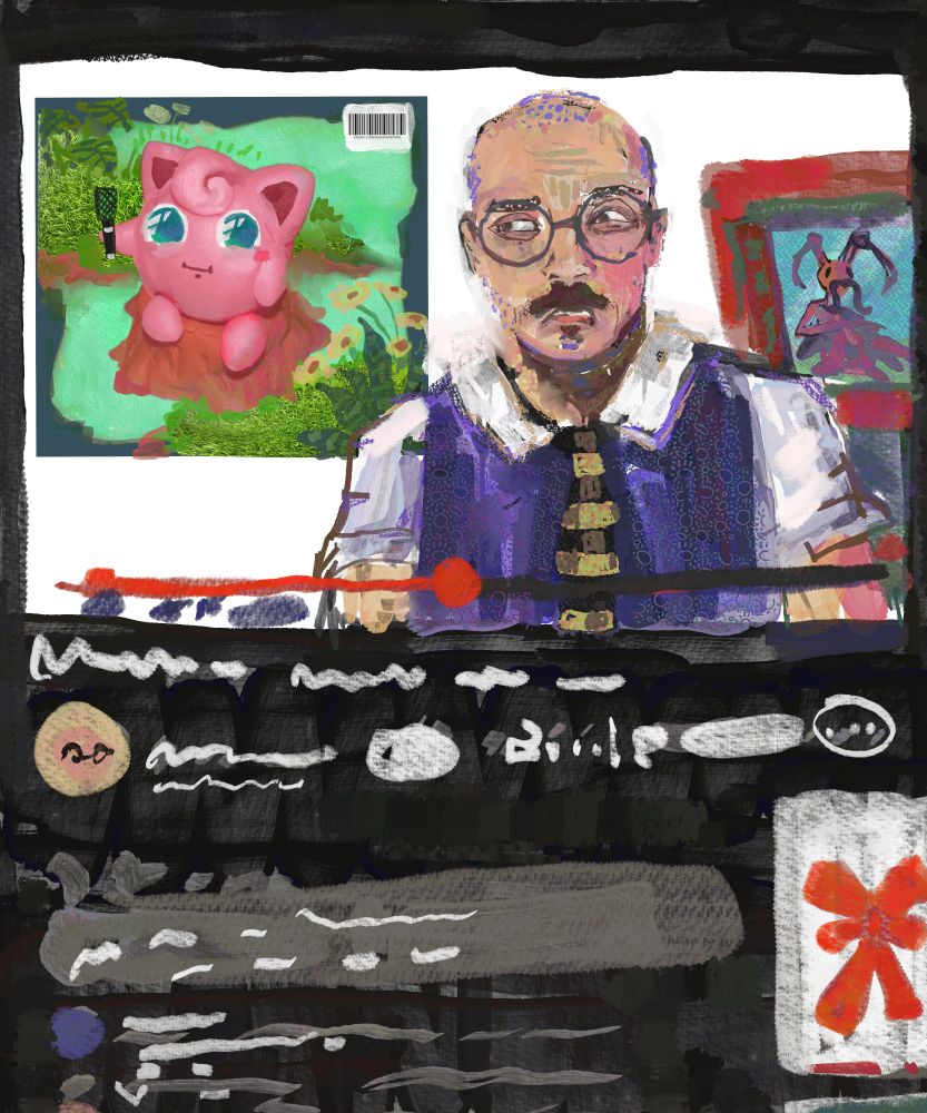 A painting of a fake YouTube screenshot showing Fantano (a white, bald guy with a mustache) reviewing the Pokémon Jigglypuff album, which is like a cute balloon and has its vinyl record on the wall.