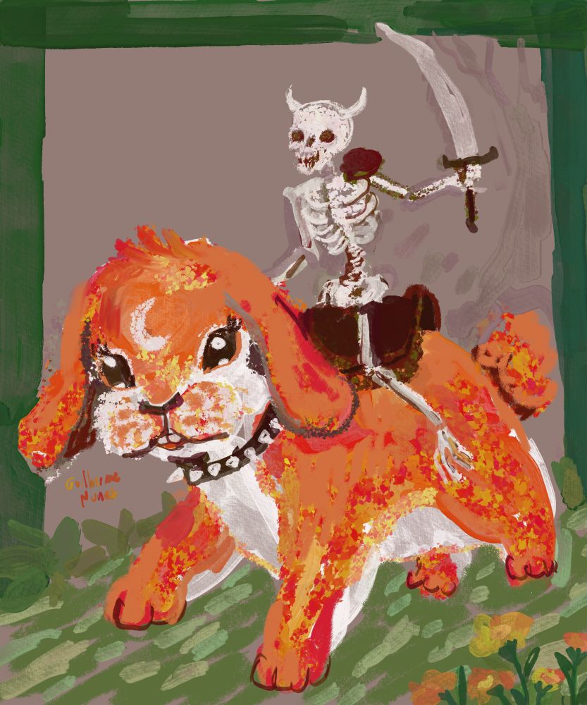painting of a skeleton mounted on a giant rabbit with a spiked collar