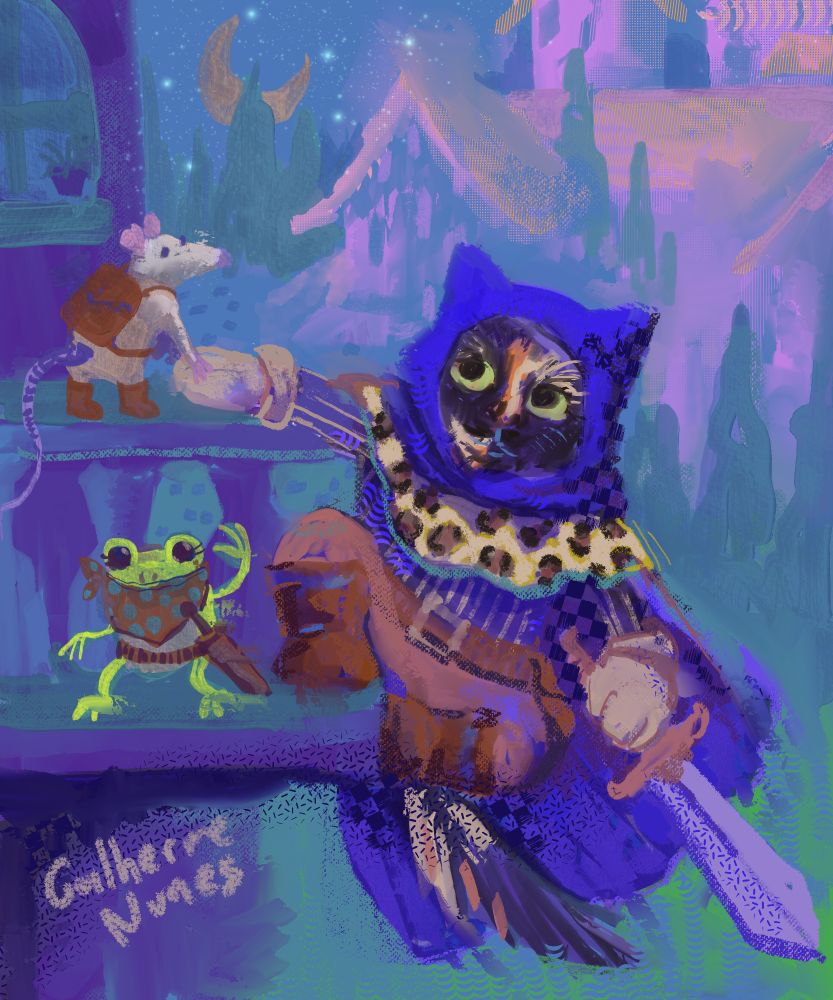 a painting of a cat in RPG thief clothes climbing a tower next to a frog and a rat