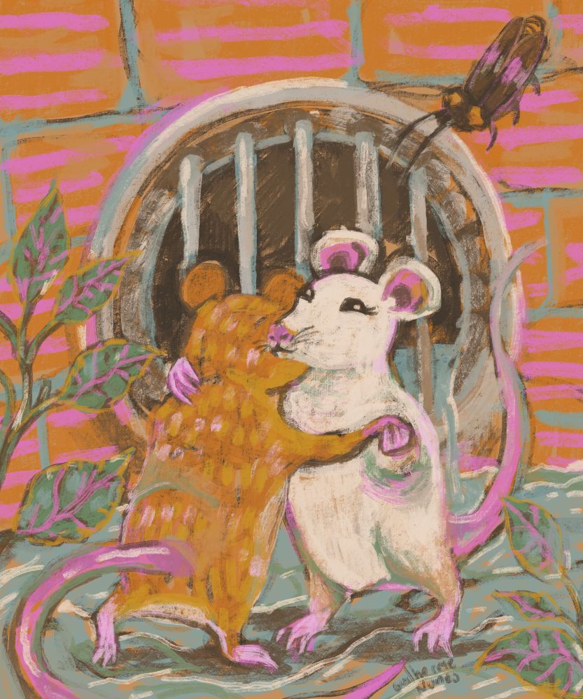 painting of two rats dancing forró close together in front of a sewer, being watched by a cockroach