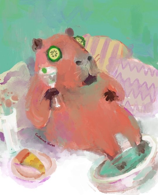 painting of a capybara with cucumbers on its eyes, doing a foot bath, drinking champagne with a plate of pizza