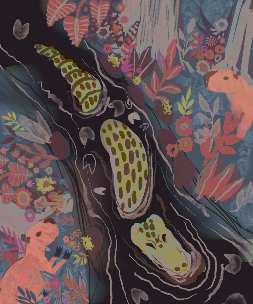 painting odf a alligator in a river with capybaras on the shore 