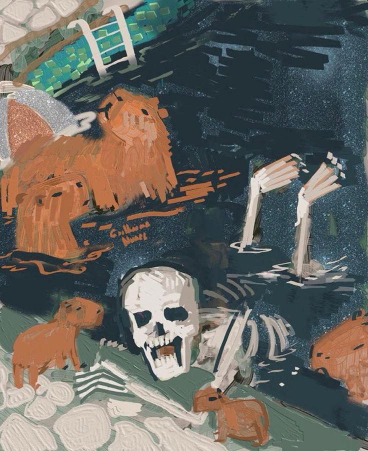painting of a skull on the edge of the pool with several capybaras