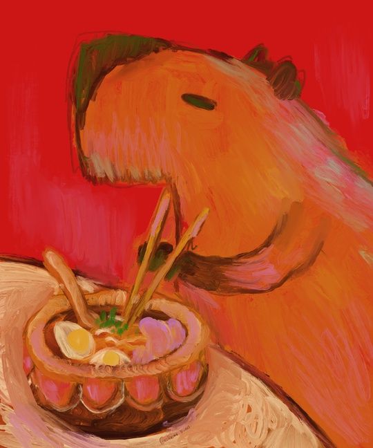 painting of a capybara eating ramen in a red background