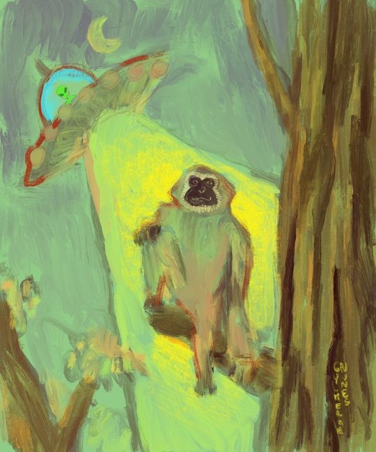 painting of a gibbon in the forest being abducted by a ufo