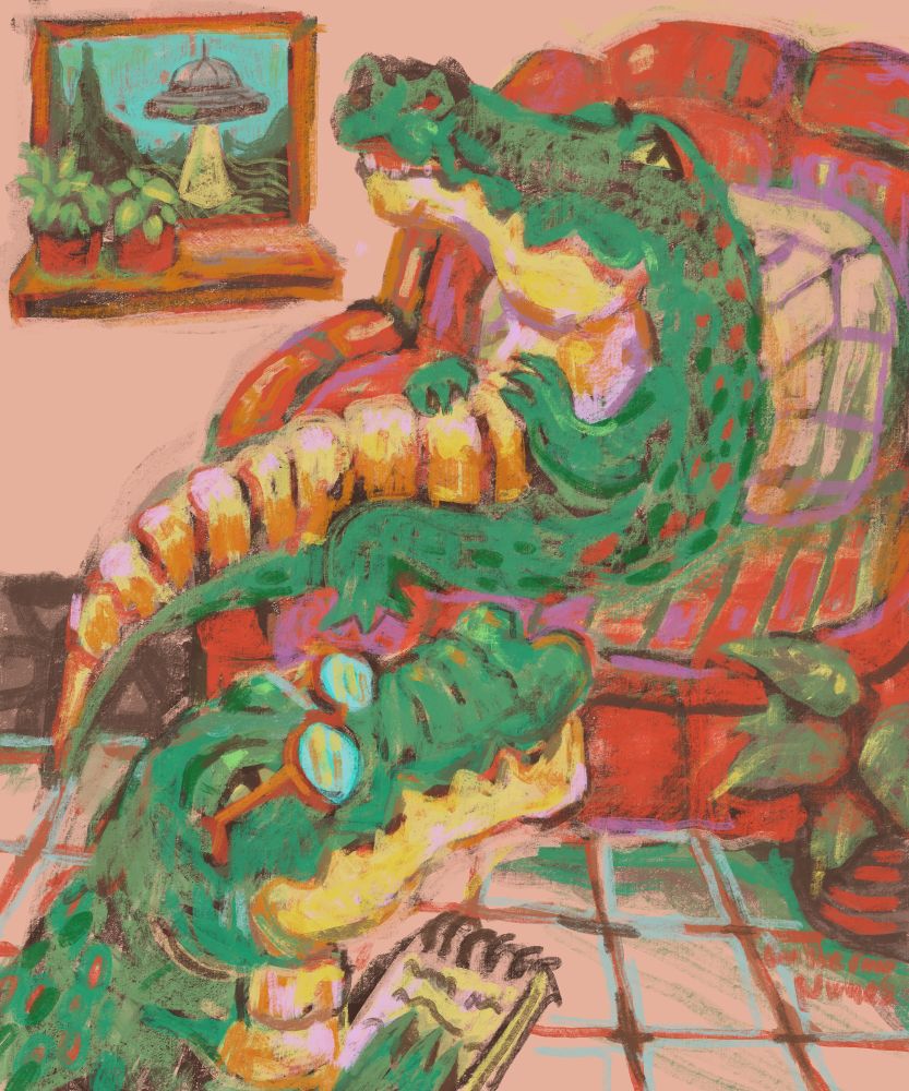 a painting of a crocodile psychologist wearing glasses taking notes while another crocodile is sad on the couch, outside the window you can see a UFO in the forest