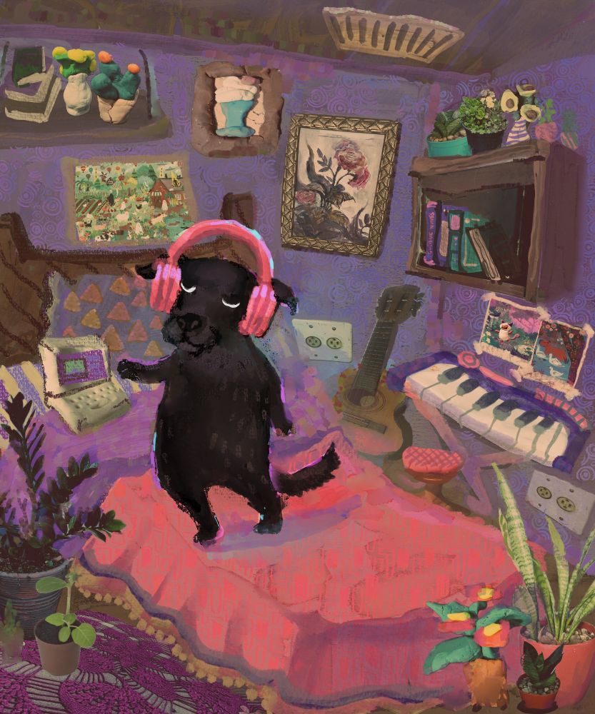 A painting of a dog wearing headphones dancing on a bed in a room with various musical instruments, books, and plants.