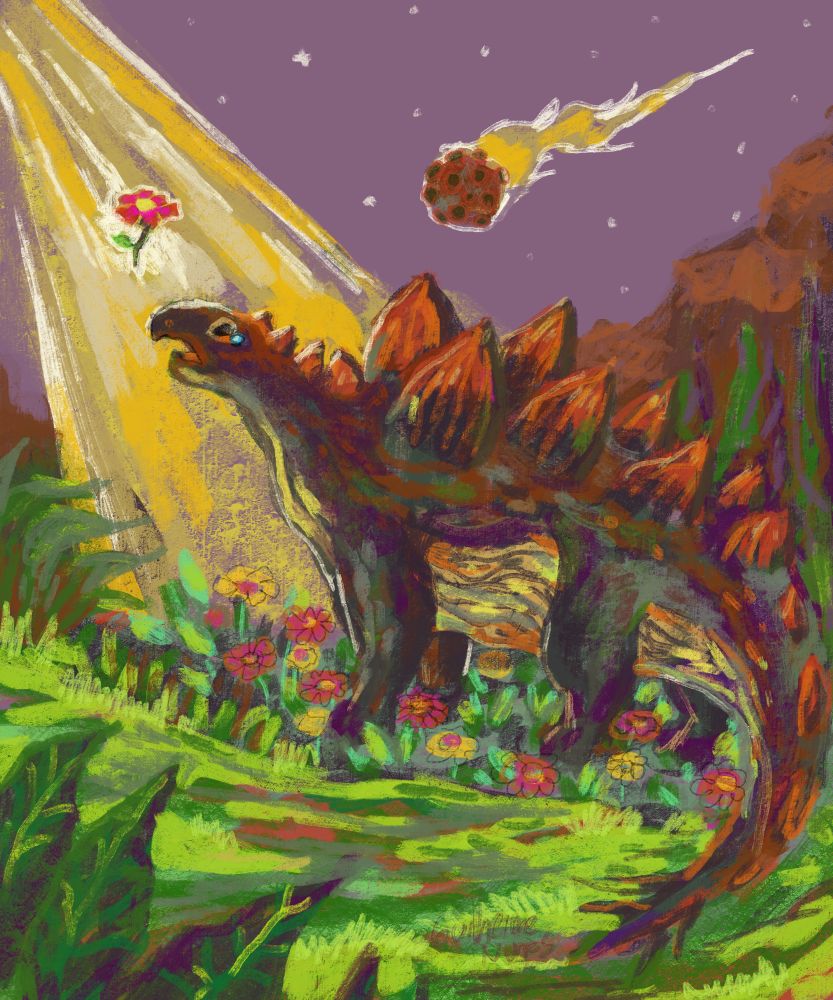 painting of a stegosaurus in a flower field, a beam of sacred light brings a flower to him, who cries with emotion. In the background, there is a meteor falling to earth.