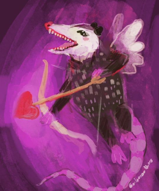 painting of a possum with angel wings pointing a heart-shaped arrow