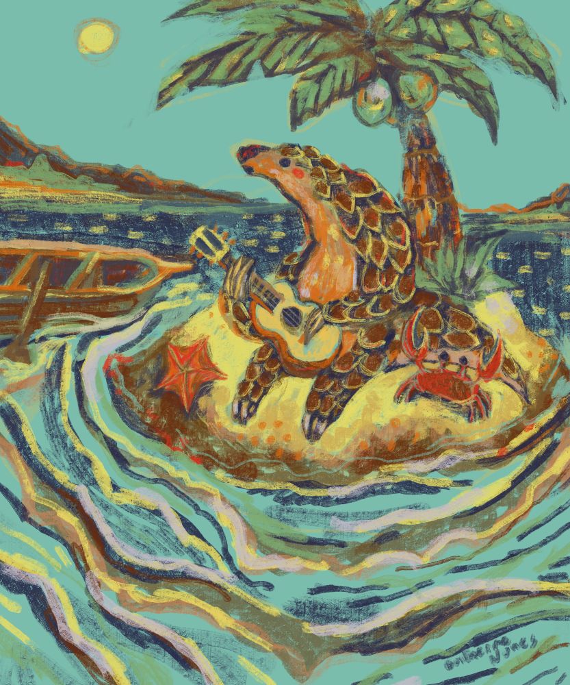 painting of a pangolin playing the ukulele in the middle of an island with a coconut tree next to a crab and a starfish with a boat in the water