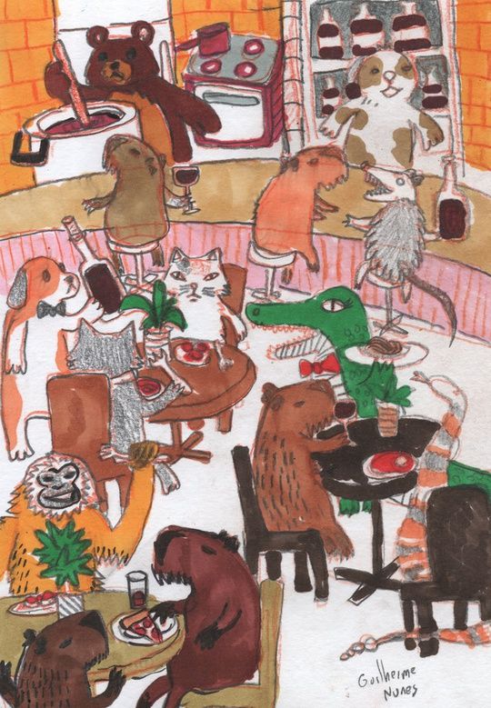 painting of a restaurant, a she-bear cooks in a huge pot, a dog tends the bar, another dog and an alligator are the waiters and capybaras; gibbon, cats, possum and coral snake are the customers