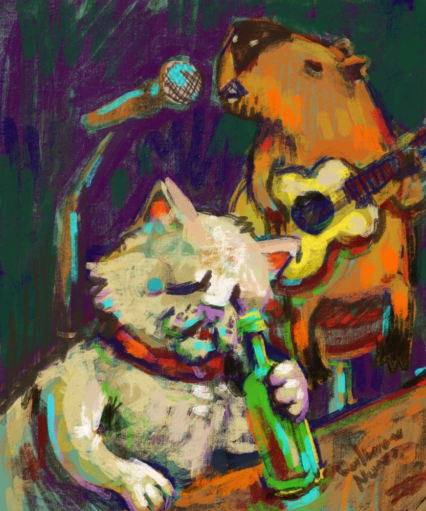 painting of a crying cat in a bar holding a beer bottle while a capybara plays guitar in the background