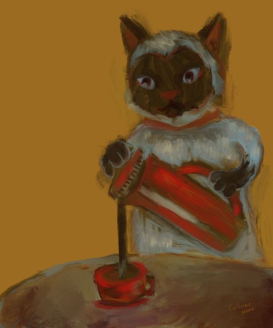 painting of a cat holding a coffee bottle pouring coffee into a cup