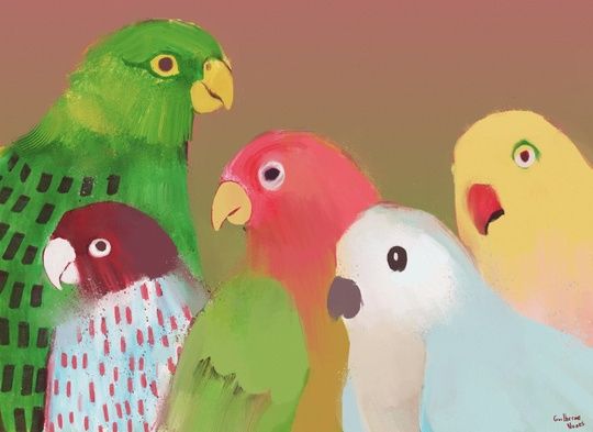painting of parrot and lovebirds 