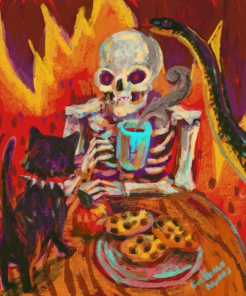 painting of a skeleton in the middle of hell sitting at a table having a coffee and eating cookies and an apple next to a black cat with a spike collar and behind it a snake