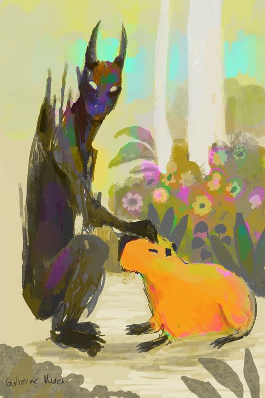 painting of a horned demon made of shadows petting a capybara in the forest