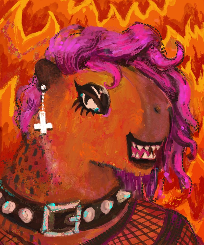  capybara girl with pink curly hair, shiny black goth eye shadow, sharp gnashy teeth, and a spiked collar and a flame background