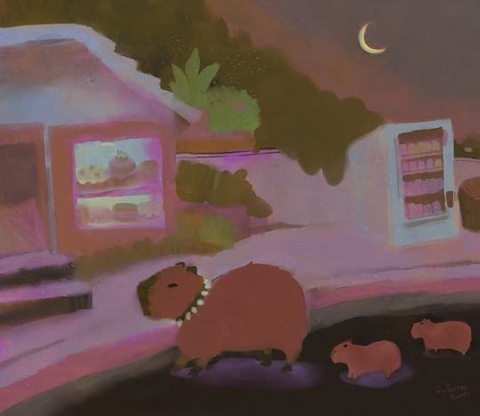 painting of a capybara with a thorn choker and its two young walking down the street at night