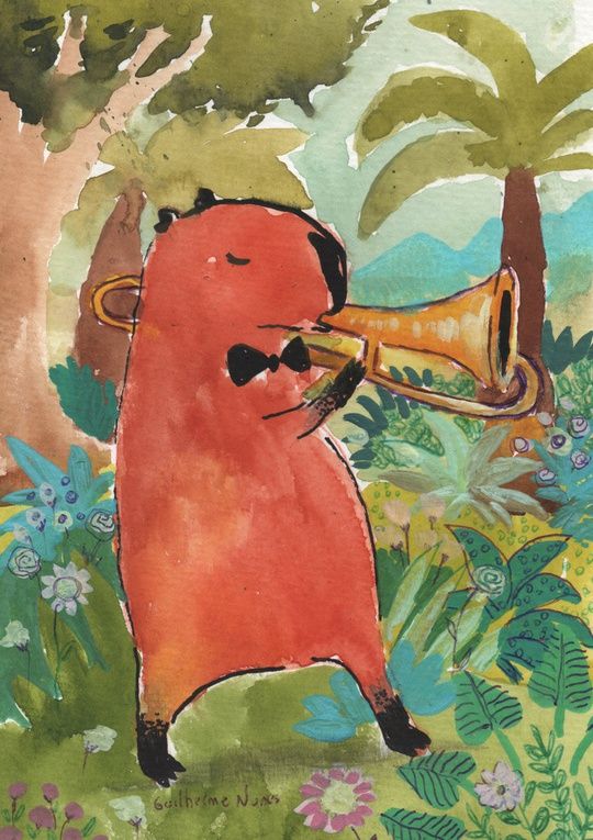 painting of a capybara with a bow tie playing the trombone in the forest
