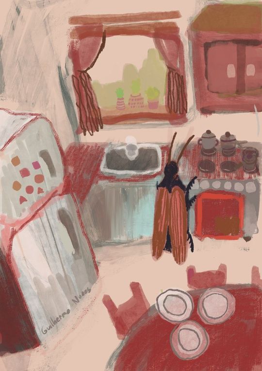 painting of a giant cockroach in a normal kitchen