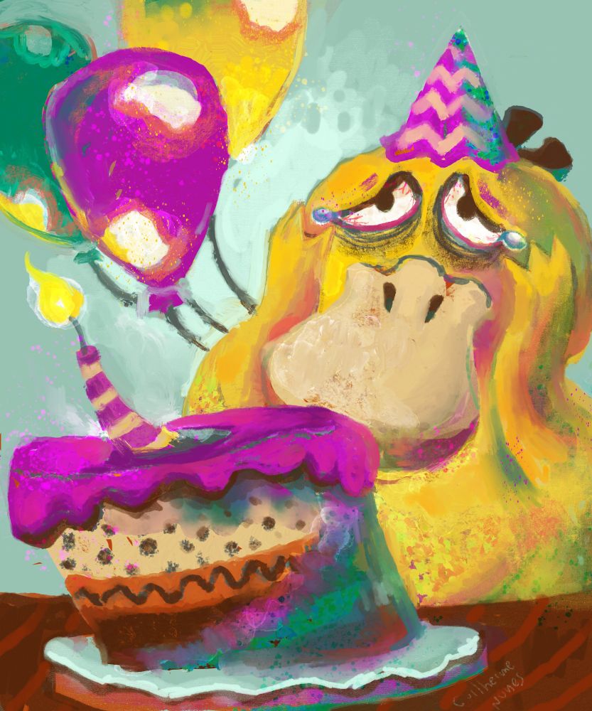 Painting of the Pokémon Psyduck, which is a chubby yellow platypus. He is crying in front of a birthday cake.