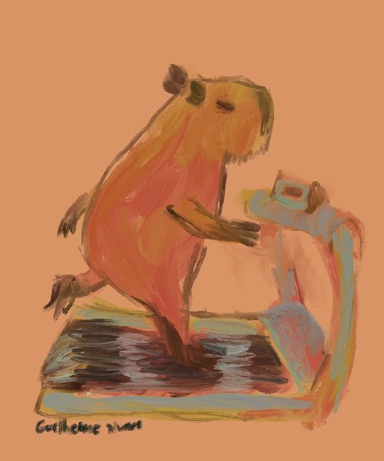 painting of a capybara running on the treadmill