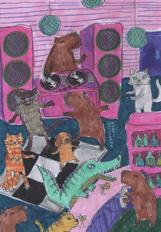 Painting of a night club, a DJ capybara, cats, dog and capybara having fun on the dance floor, capybara bartender serving drinks to a crocodile and a dog