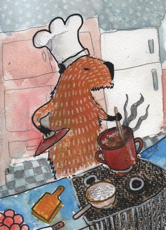painting of a capybara with a chef's hat in the kitchen preparing a delicious curry and fresh rice