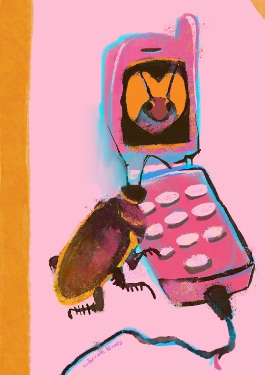 painting of a cockroach on a pink flip phone with a heart-shaped screen and another cockroach appearing on the screen