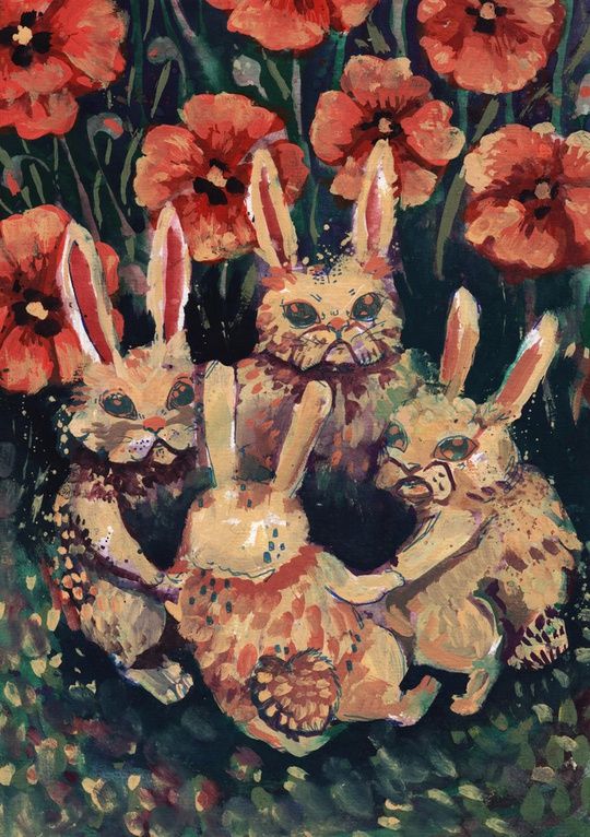 painting of 4 white rabbits circling in a floral garden