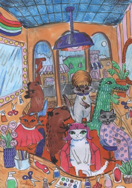 painting of a hair salon with cats wearing bouffant wigs being attended to by capybaras and an alligator
