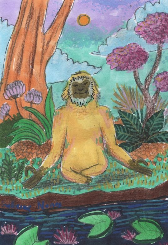 painting of a gibbon monkey meditating in an oriental-style garden