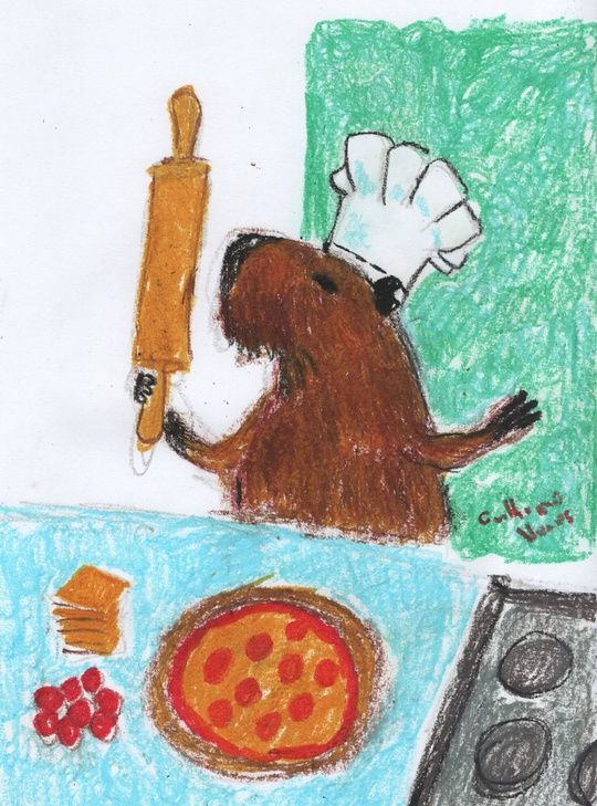 painting of a capybara holding a rolling pin wearing a chef's hat making a pizza