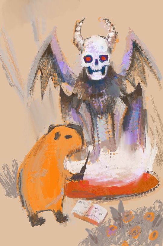 painting of a capybara performing a ritual to summon a demon