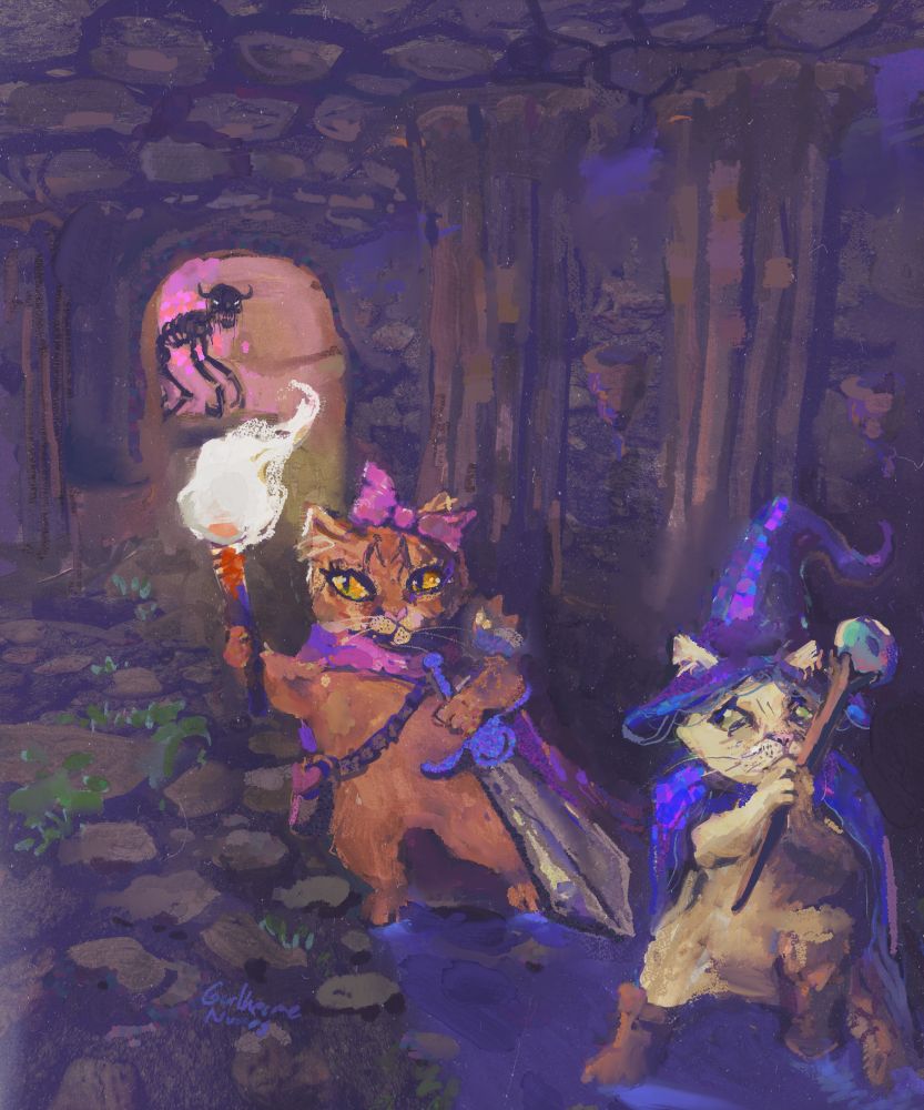 A painting depicts a warrior cat holding a torch, with a cowardly wizard cat behind her entering a dungeon, while in the background there is a terrifying horned skeleton.
