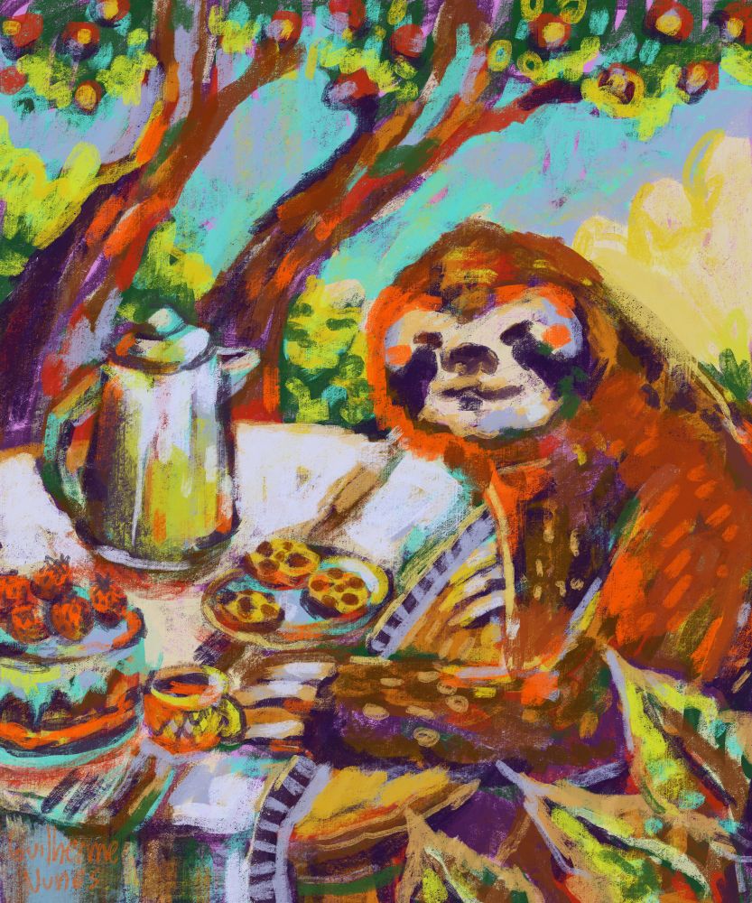 drawing of a sloth on a tea table with cookies and strawberry cake in the middle of the forest
