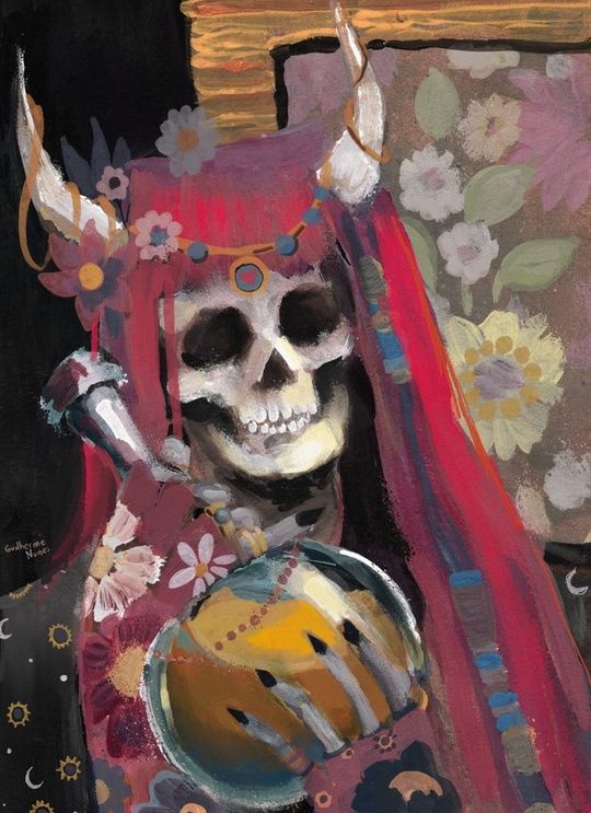 painting of a skeleton with a pink wig decorated with flowers holding a yellow potion