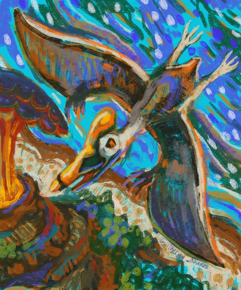 painting of a Pterodactylus flying over a island with an erupting volcano