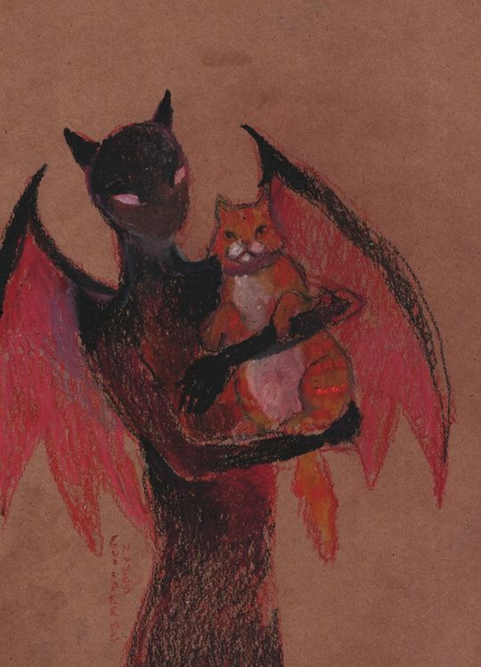 painting of a demon with horns who remember cat ears holdinhg a cute orange cat