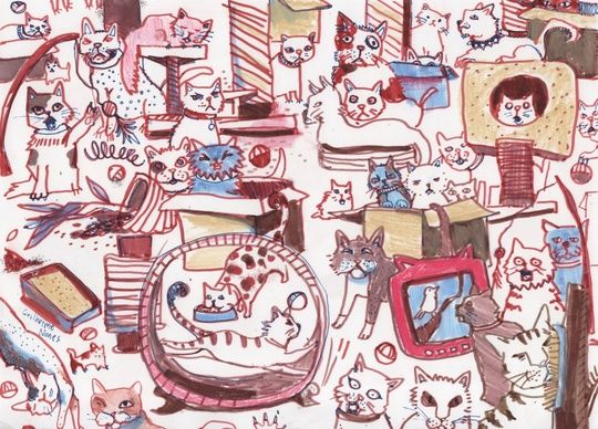 painting of several kittens in a room full of toys