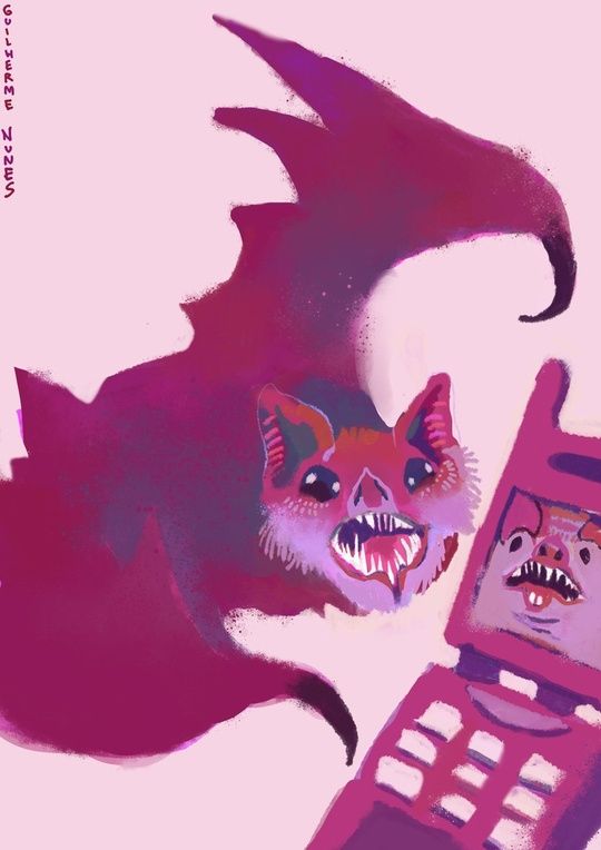 painting of a bat using a pink flip phone to make a video call with another bat