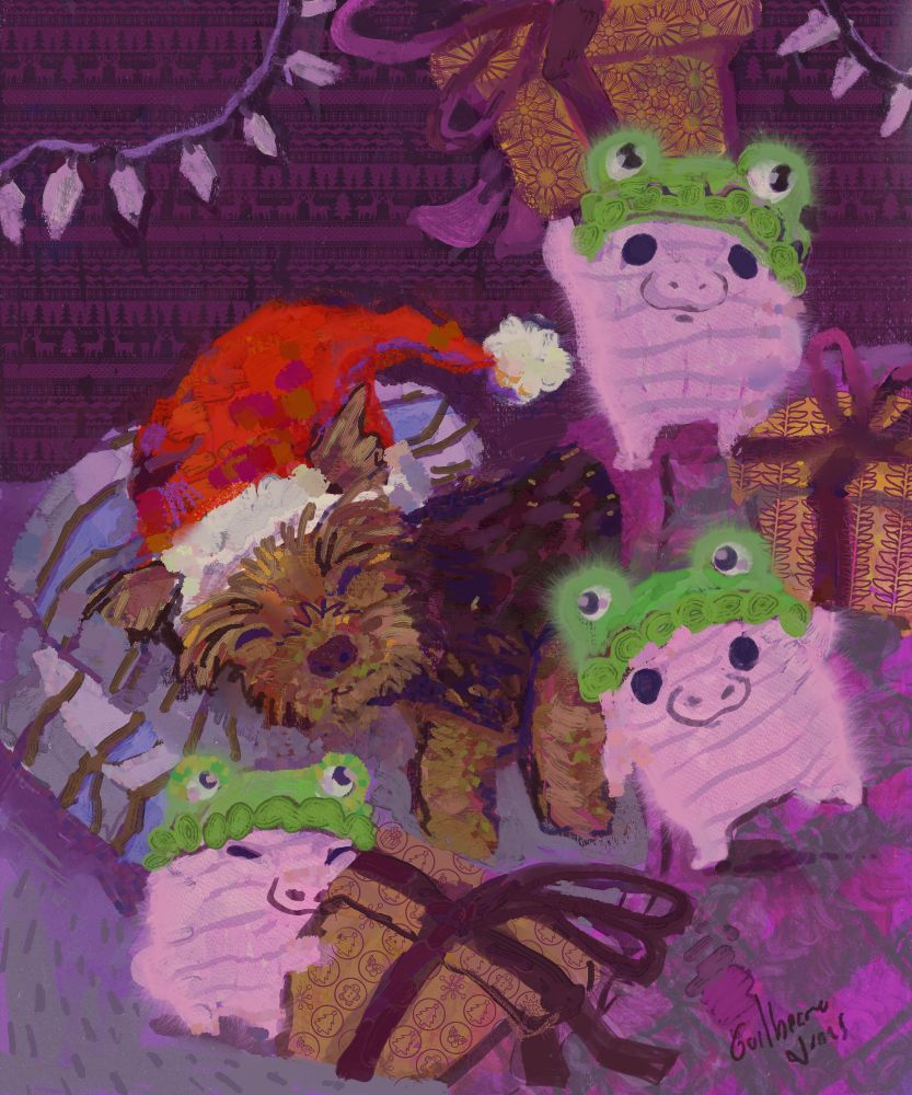 Painting of a Yorkshire Terrier sleeping in a bed wearing a Christmas hat, with 3 little pigs wearing frog hats carrying presents.