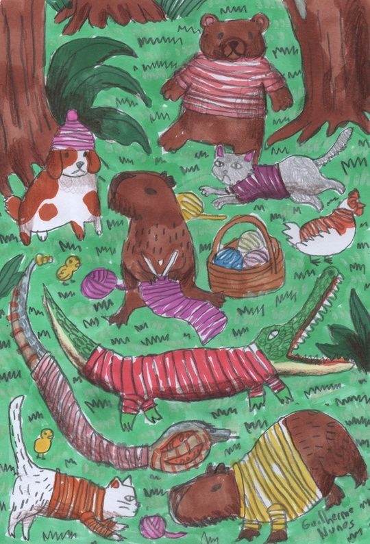 Painting in the forest, in the center, a capybara is knitting and around it various animals such as bear, snake, chicken, cats, dog using knitting pieces