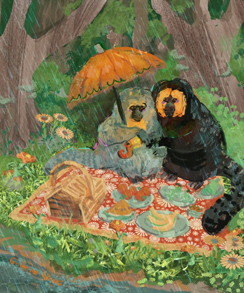 A pair of maki monkeys are having a picnic in the forest, but it's raining.