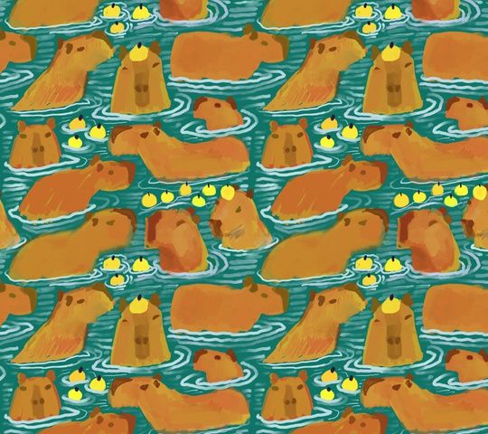 painting of a pattern of capybaras in a river with citrus