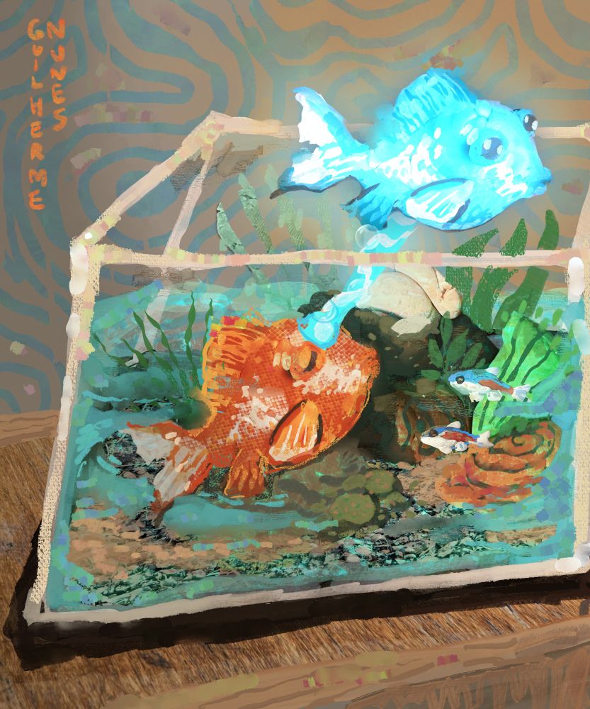 Painting of a goldfish in an aquarium projecting his astral plane outwards.