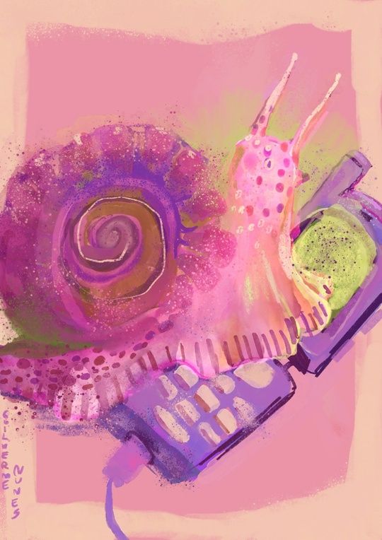 painting of a snail on top of a purple flip phone