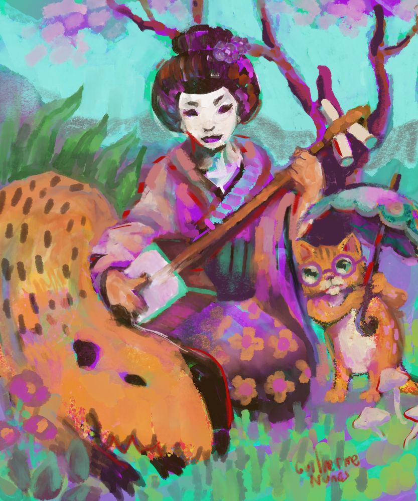 A painting in a garden depicts a capybara, a geisha playing an instrument, and a cat wearing glasses holding an umbrella, with a cherry tree in the background.